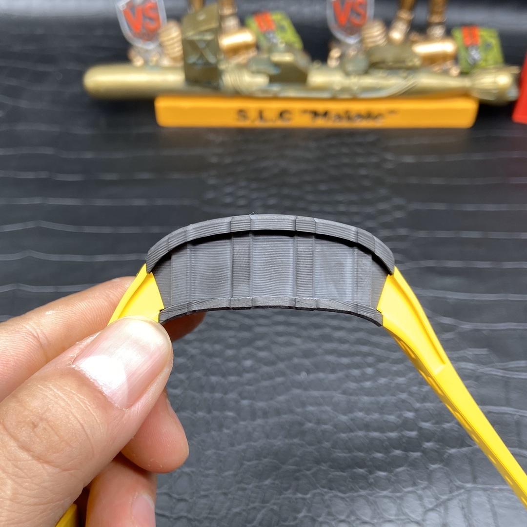 Richard Mille RM 011 Skeleton Dial Black Carbon Fiber Case Yellow Rubber Strap Case Side Detail View