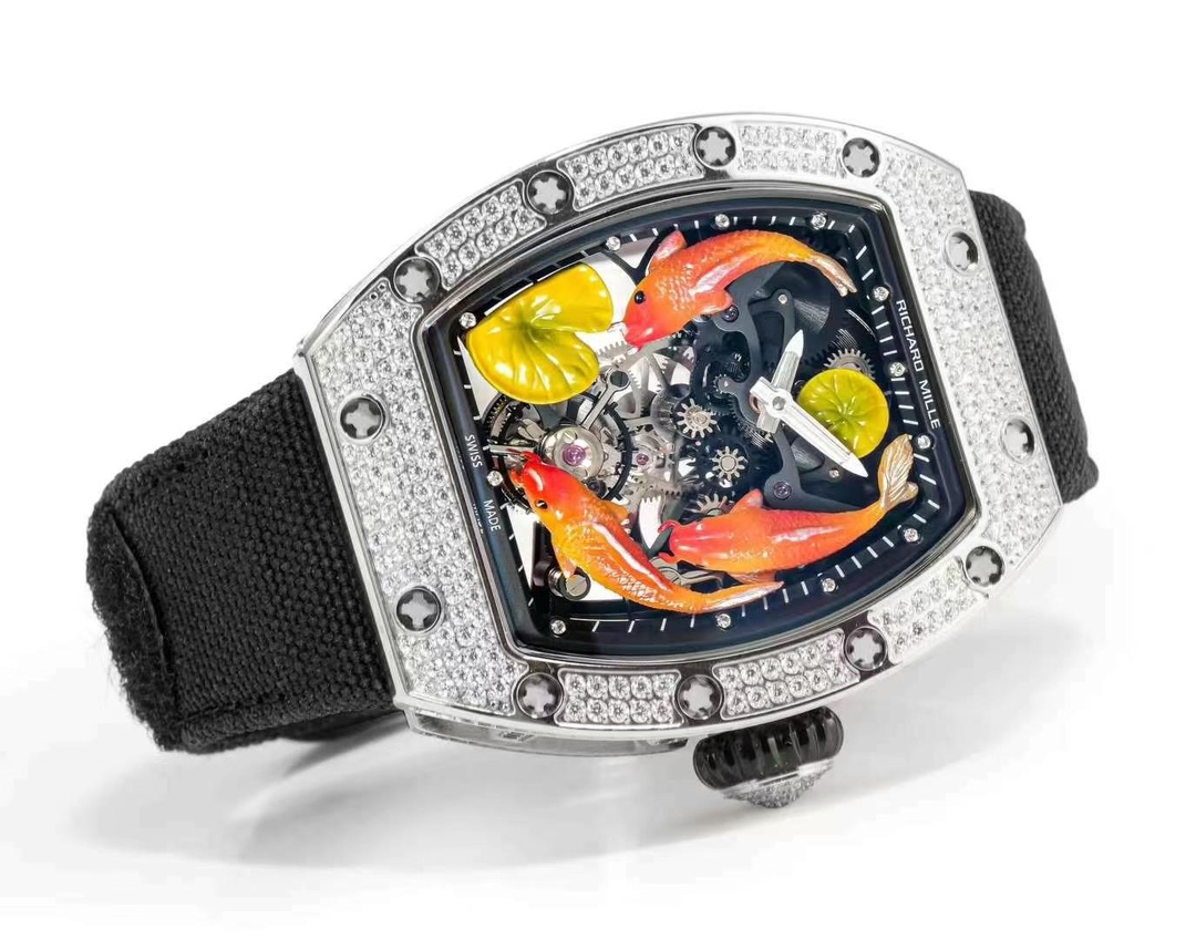 Richard Mille RM S10 Koi Tourbillon Stainless Steel Diamond Full Watch Angled Display