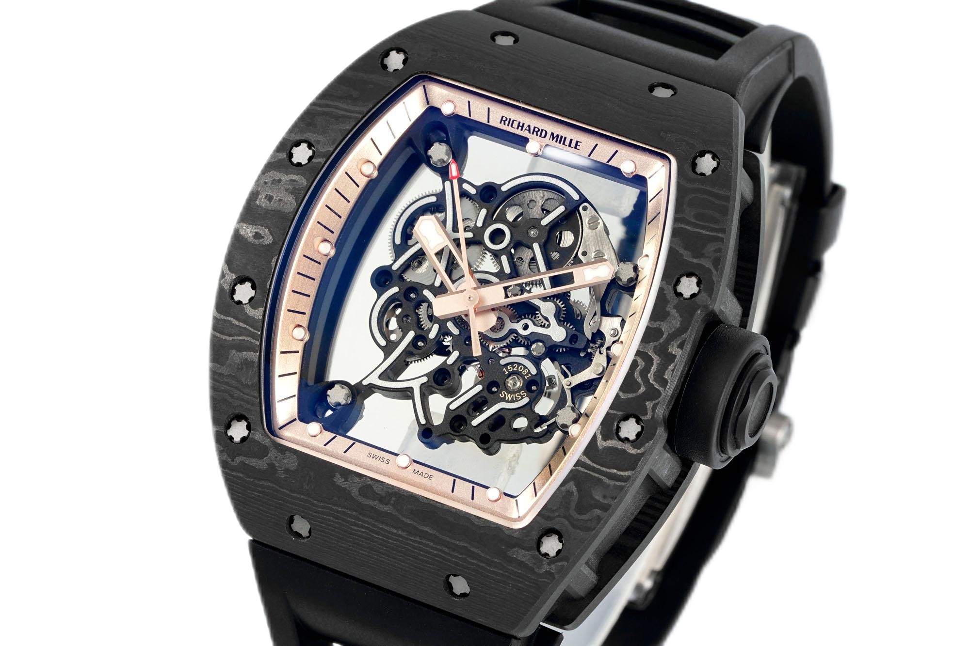 Richard Mille RM055 Carbon Fiber Black Skeleton Dial Angled View Luxury Watch