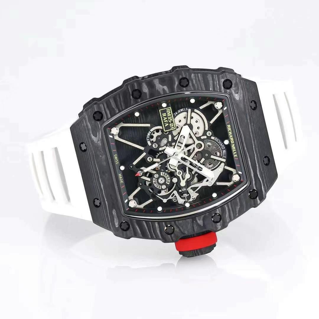 Richard Mille RM35-01 Rafael Nadal Skeleton Carbon Fiber Case White Strap Sport Watch Full Watch Angle View