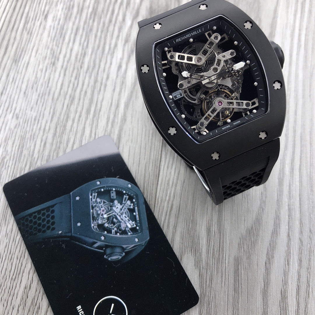 Replica Richard Mille RM 027 Tourbillon Watch Black Titanium Case Black Rubber Strap Skeleton Dial Top Angle Detail View