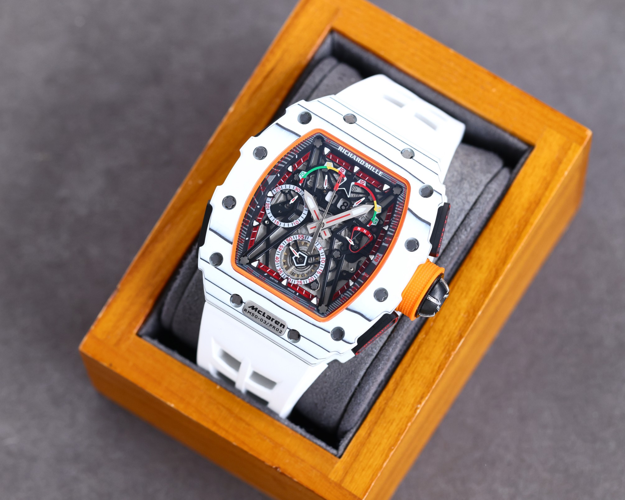Richard Mille RM50-03 McLaren White Carbon Fiber Case White Strap Skeleton Dial Angled Box View