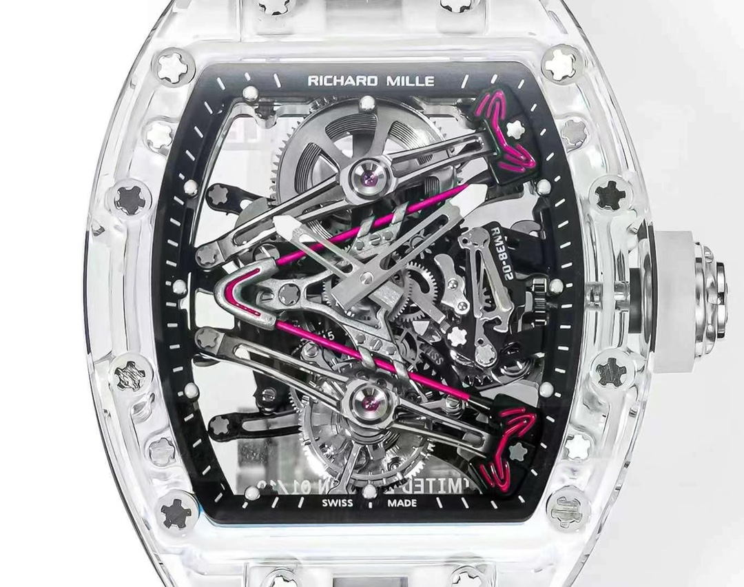 Richard Mille RM 38-02 Crystal Pink Skeleton Tourbillon Watch Detail View Transparent Case Mechanical Movement Close-Up