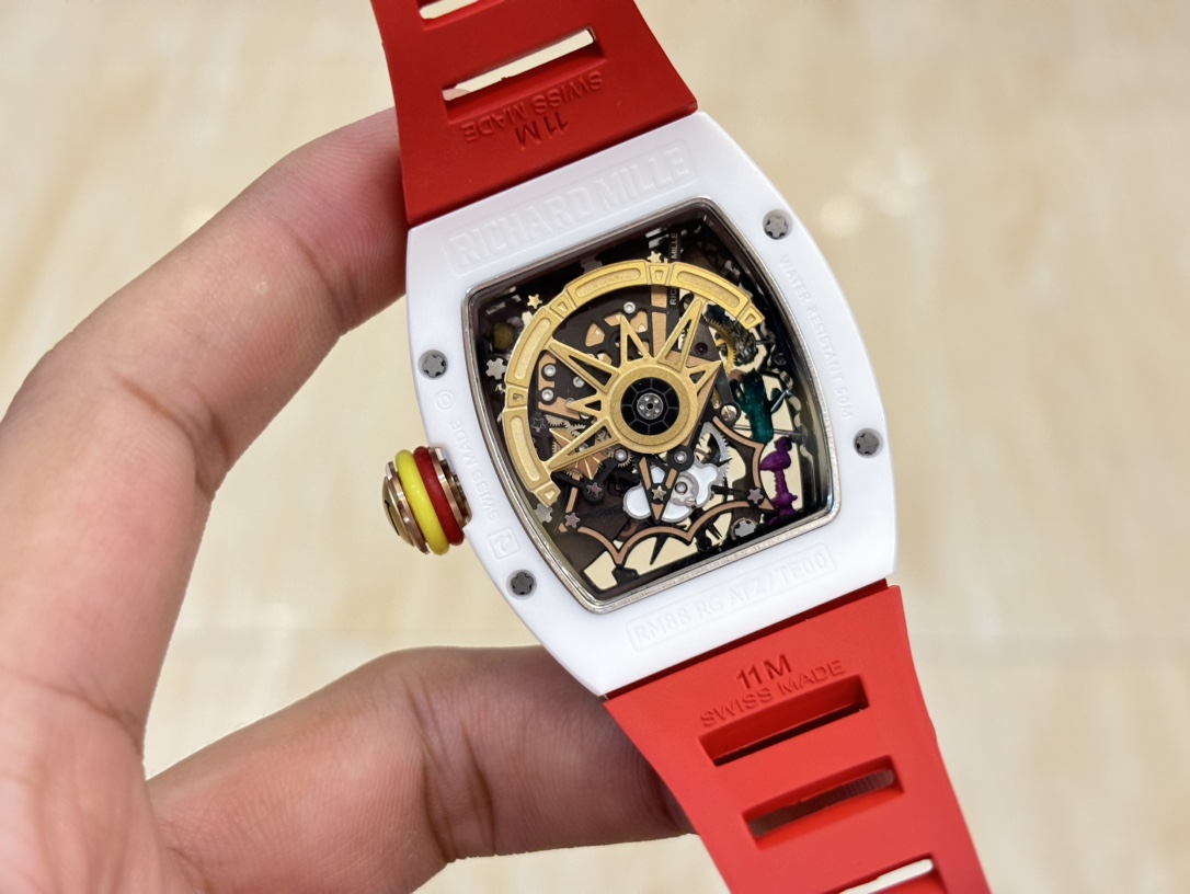 Richard Mille RM88 Smiley Tourbillon White Ceramic Case Red Rubber Strap Caseback Movement Detail Handheld
