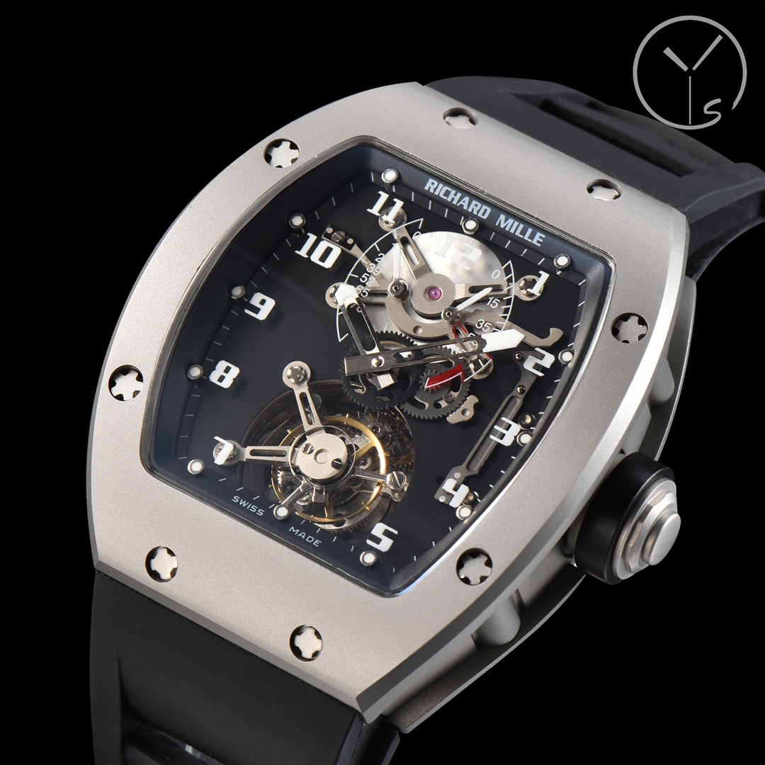 Richard Mille RM001 Tourbillon Titanium Skeleton Black Rubber Strap Side Crown Detail