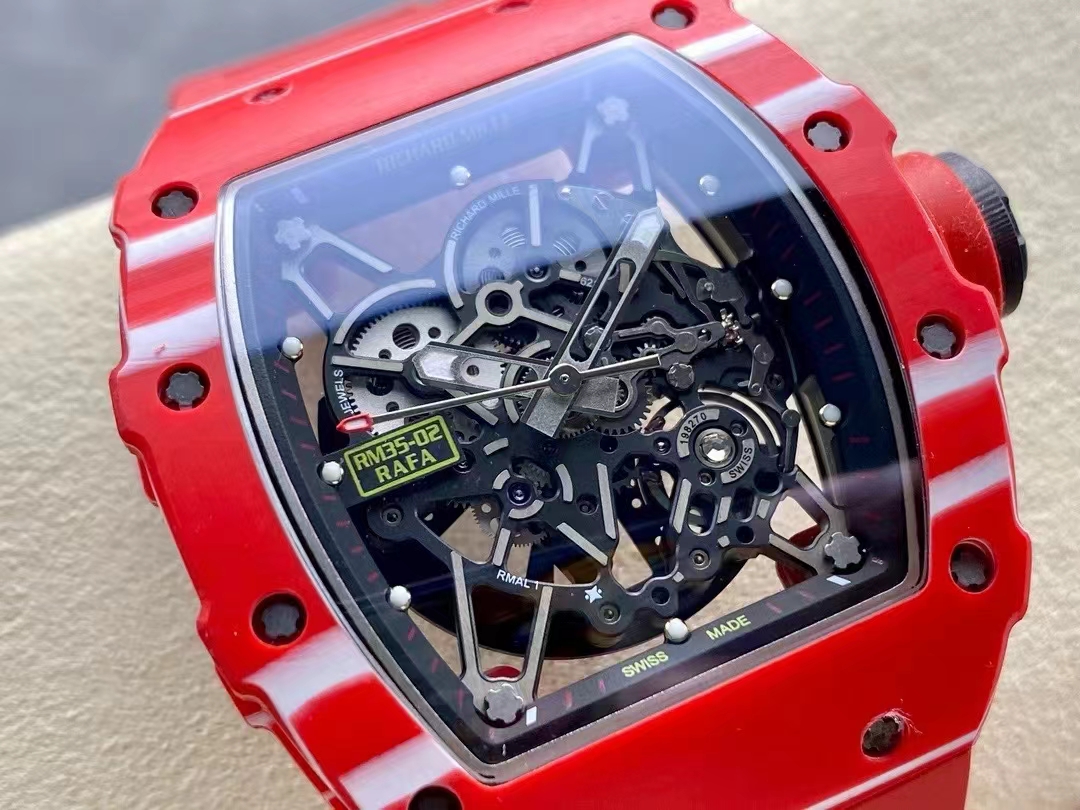 Richard Mille RM35-02 red carbon fiber case black skeleton dial close-up detail view mechanical movement display