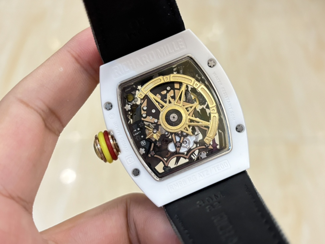 Richard Mille RM Series RM088 white case black strap smiley skeleton tourbillon watch movement detail view