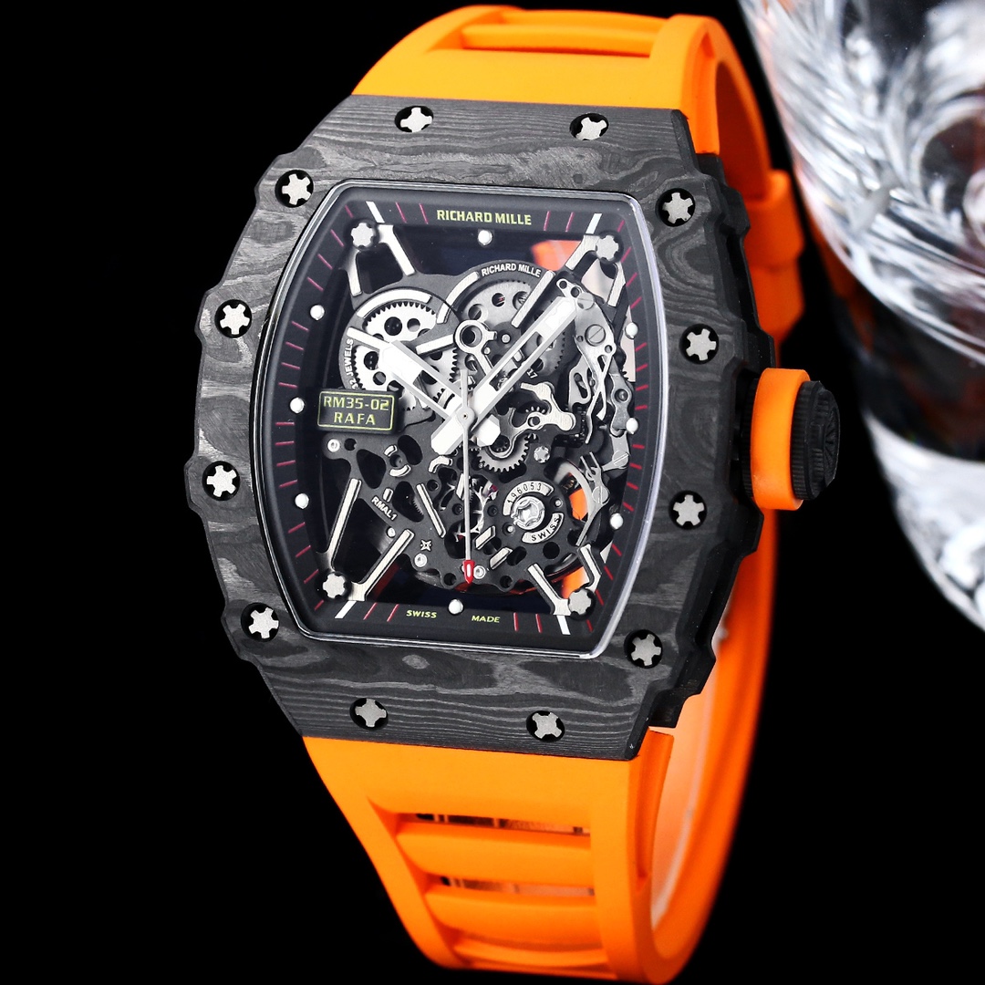 Richard Mille RM35-02 Carbon Case Black Orange Rubber Strap Skeleton Dial Angled Front View