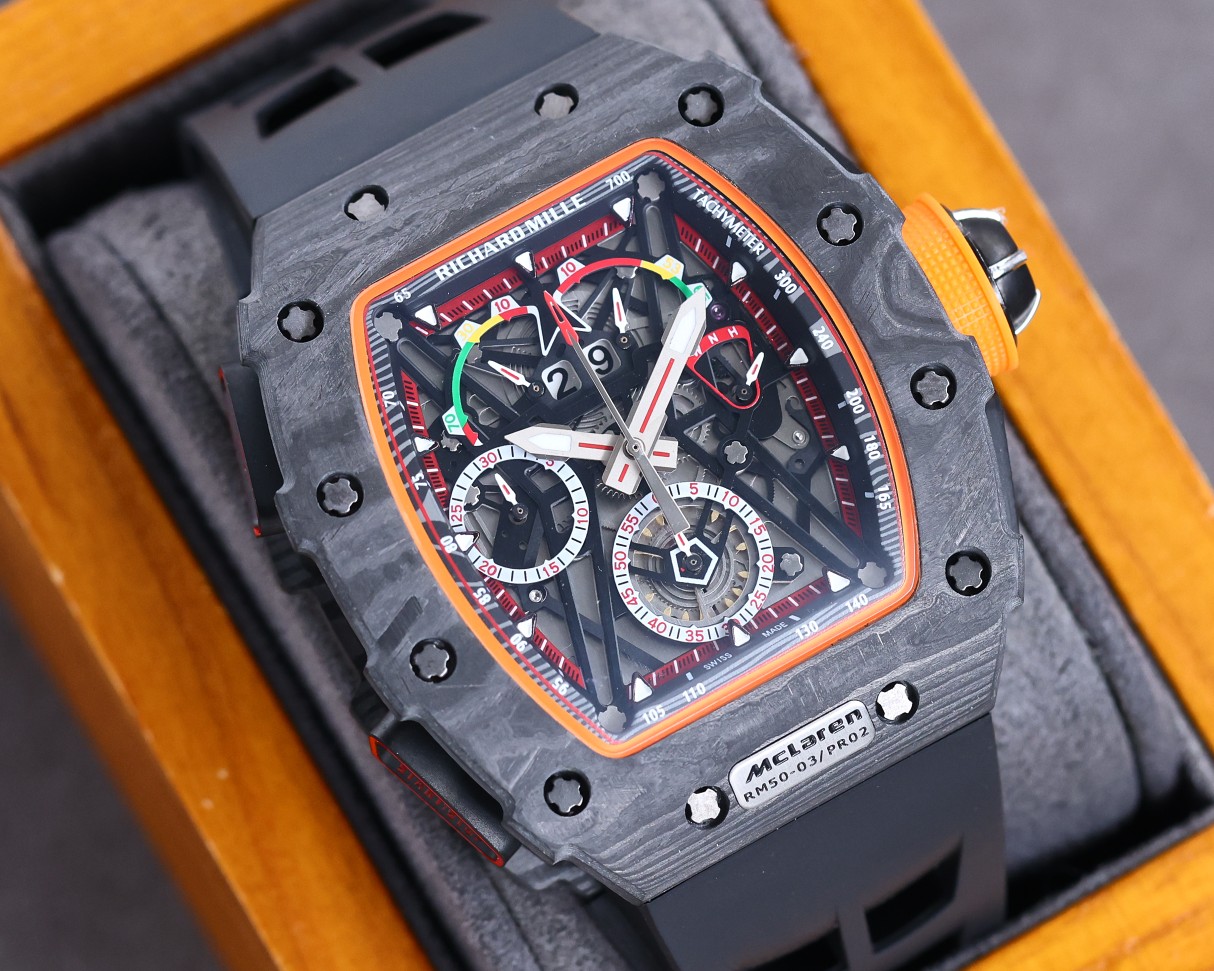 Richard Mille RM50-03 McLaren F1 Tourbillon Carbon Case Black Orange Accents Black Rubber Strap Dial Angle Detail View