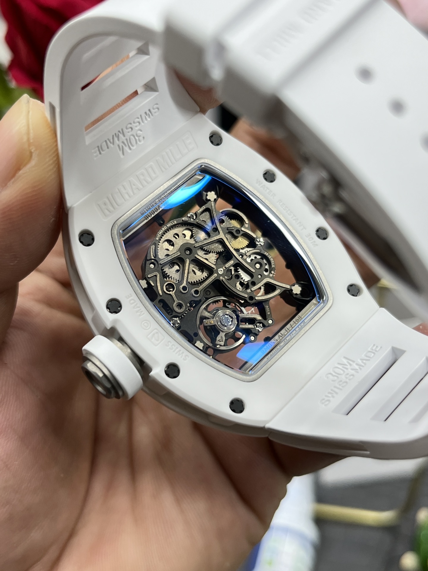 Richard Mille RM055 BBR white ceramic case transparent caseback skeleton movement white strap back movement detail view