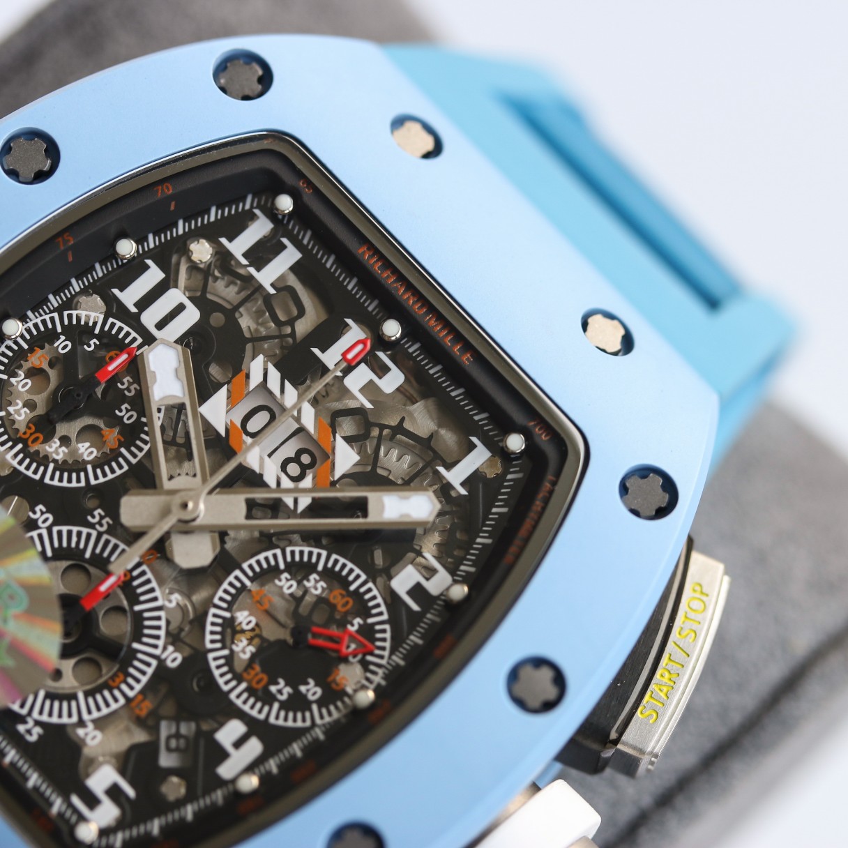 Richard Mille RM11-03 Chronograph Carbon Fiber Blue Ceramic Chronograph Pushers Detail