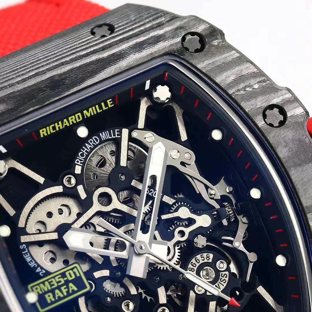 Richard Mille RM 35-01 Rafael Nadal Carbon Fiber Case Red Strap Movement Detail Close-Up