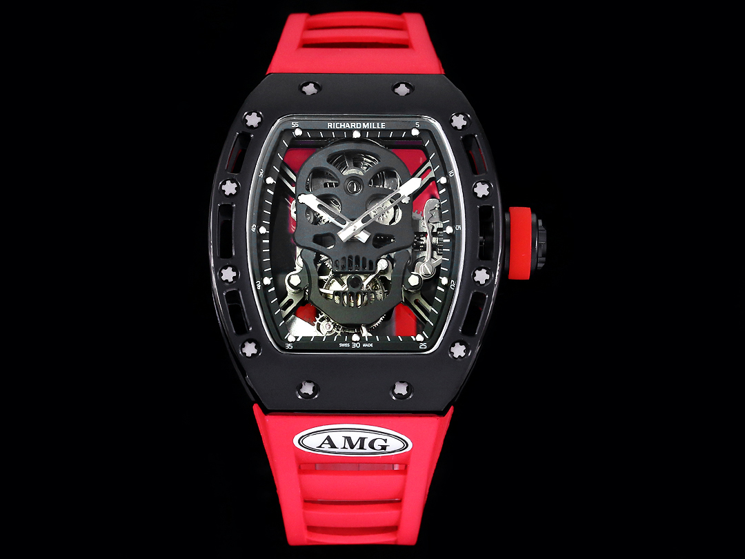 Richard Mille RM052 Titanium Skeleton Tourbillon Black Case Red Rubber Strap Black Skull Dial Front View Black Background