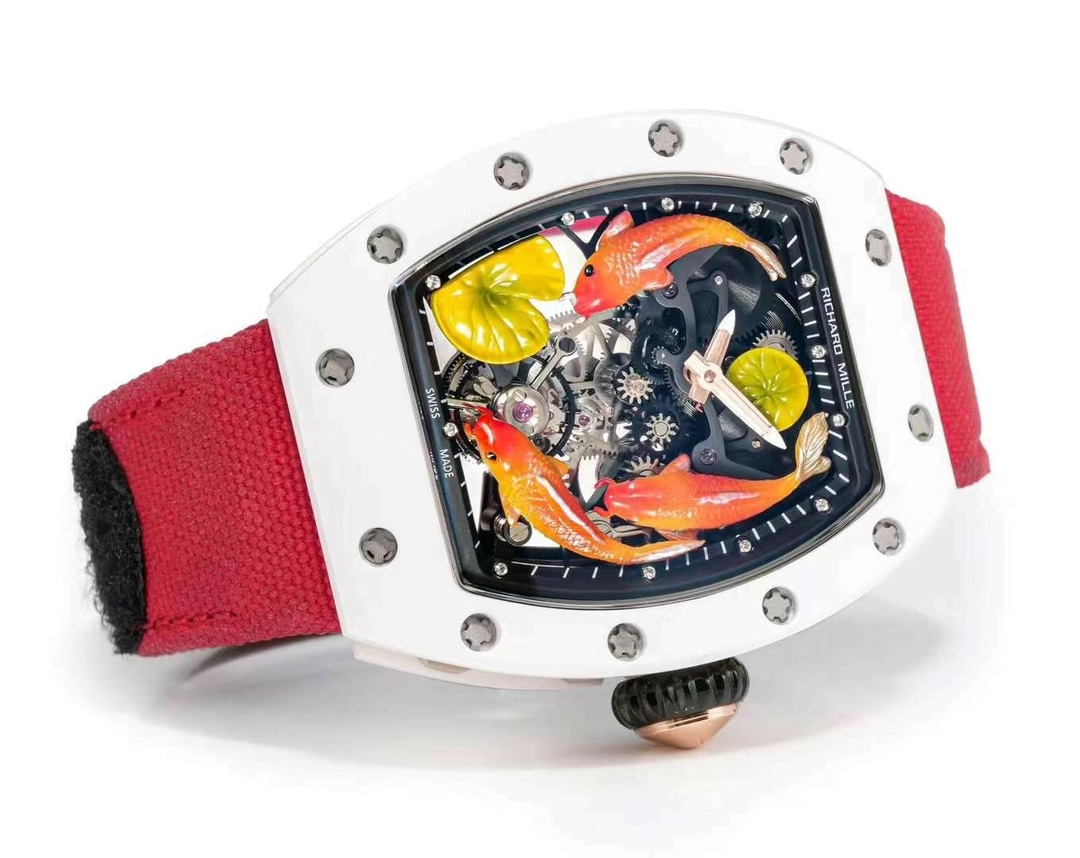 Richard Mille RM S10 Koi Tourbillon Red Nylon Strap White Ceramic Case Horizontal Dial View