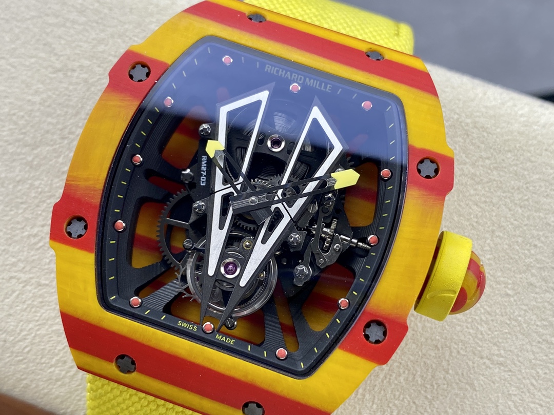 Richard Mille RM27-03 red yellow carbon fiber case yellow strap tourbillon watch dial detail view