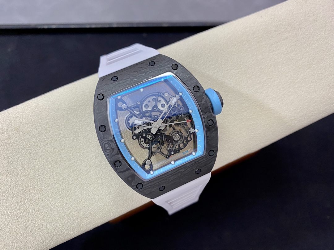 Richard Mille RM055 Yas Marina Abu Dhabi Limited Edition carbon fiber case blue bezel white strap skeleton movement wrist display view