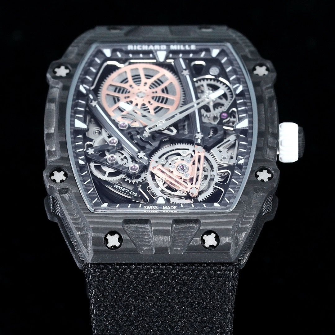 Richard Mille RM Series RM27-05 black carbon fiber case black fabric strap flying tourbillon watch movement detail view