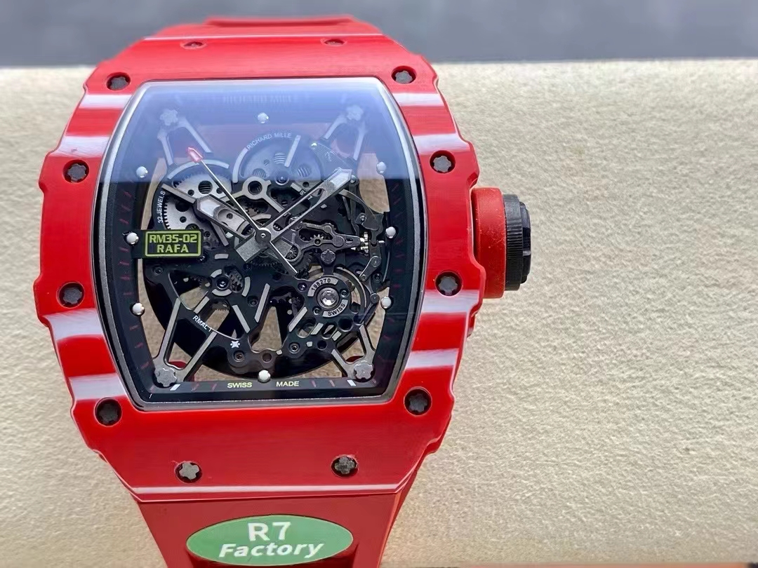 Richard Mille RM Series RM35-02 red carbon fiber case with black skeleton dial and red strap front view