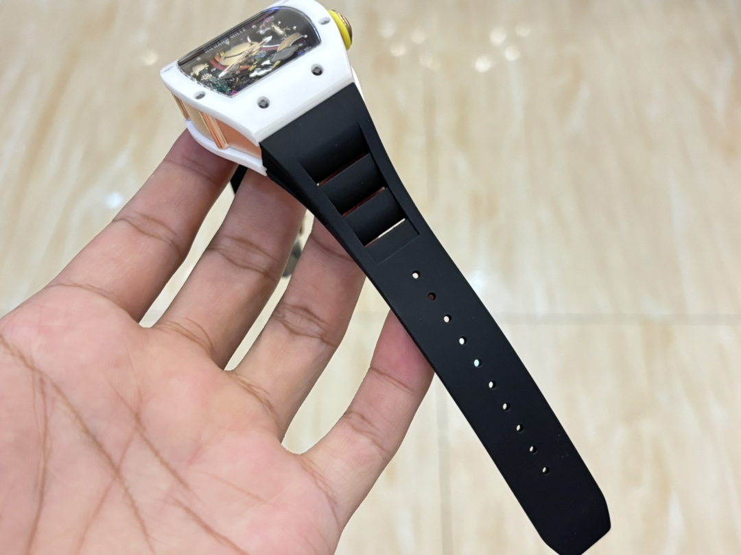 Richard Mille RM88 Smiley V2 White Ceramic Black Rubber Strap Adjustment Holes Detail Handheld