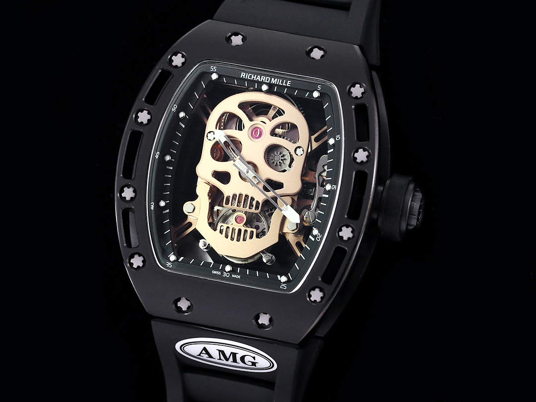 Richard Mille RM052 Skull Tourbillon 43mm Black Skeleton Dial Black Rubber Strap Angled Front View