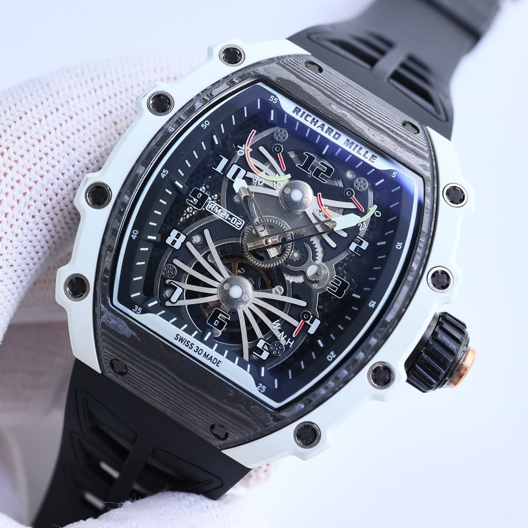 Richard Mille RM21-02 Skeleton Tourbillon Carbon Case Black Strap Sport Watch Dial Close-Up View