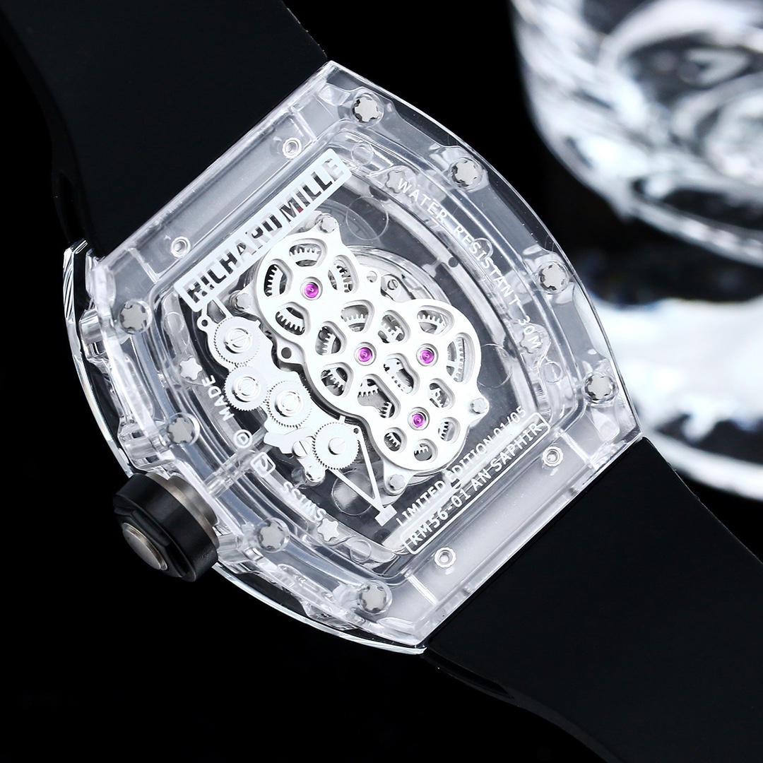 Richard Mille RM56 Collection RM56-01 Transparent Case with Black Strap Angled Detail View Caseback Movement