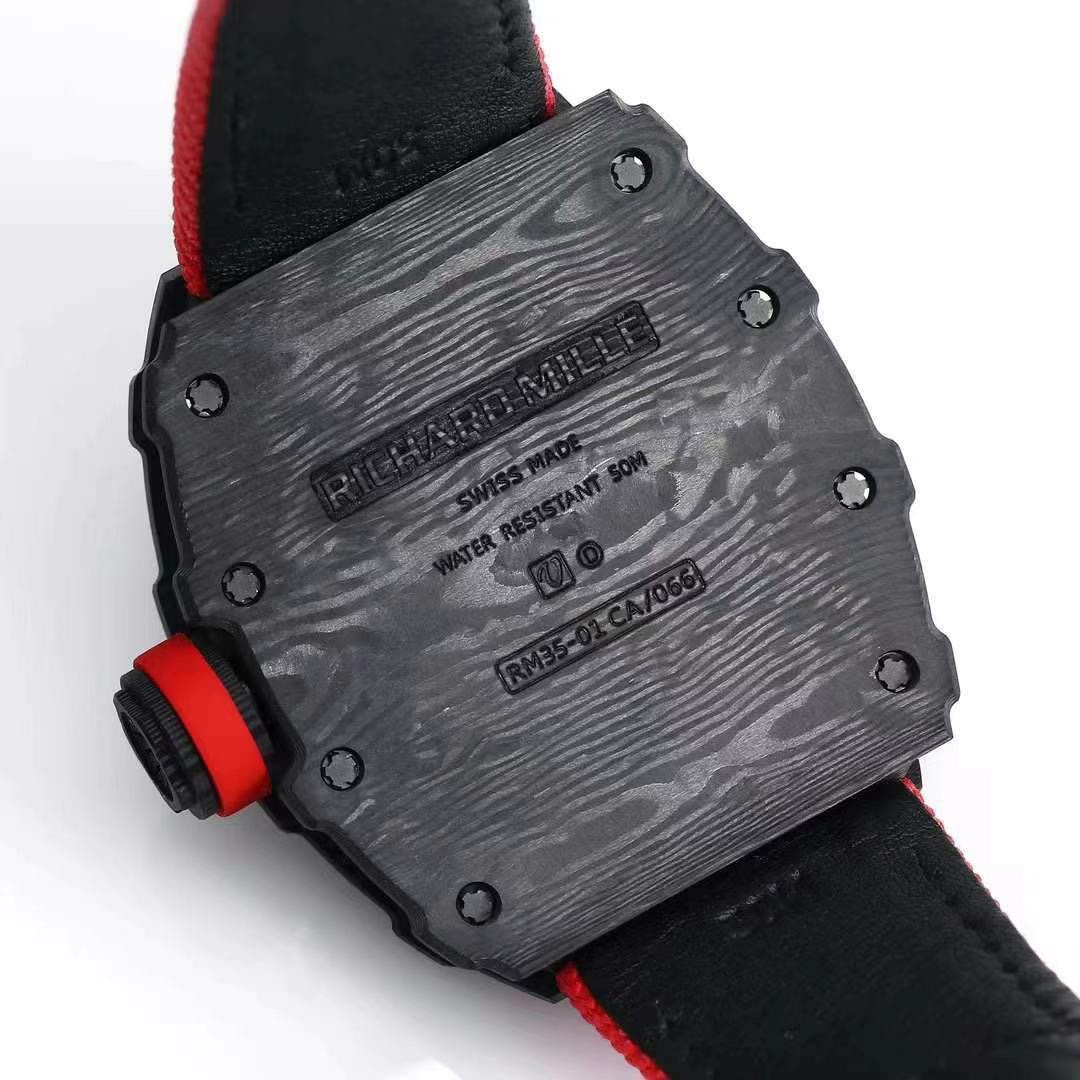 Richard Mille RM 35-01 Rafael Nadal Carbon Fiber Case Red Strap Caseback Detail