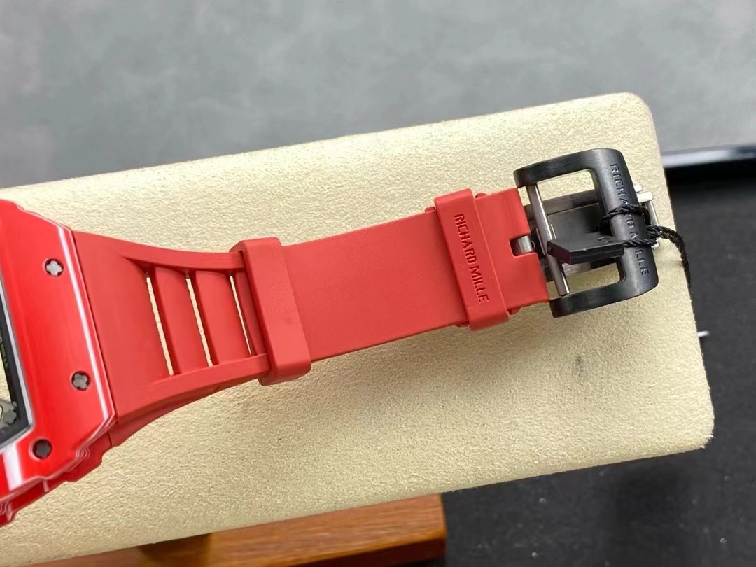 Richard Mille RM Series RM35-02 red case with red rubber strap and black buckle side detail view