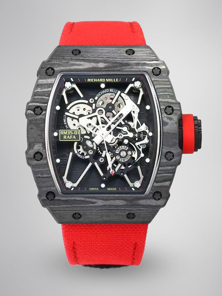 Richard Mille RM 35-01 Rafael Nadal Carbon Fiber Case Red Strap Front View