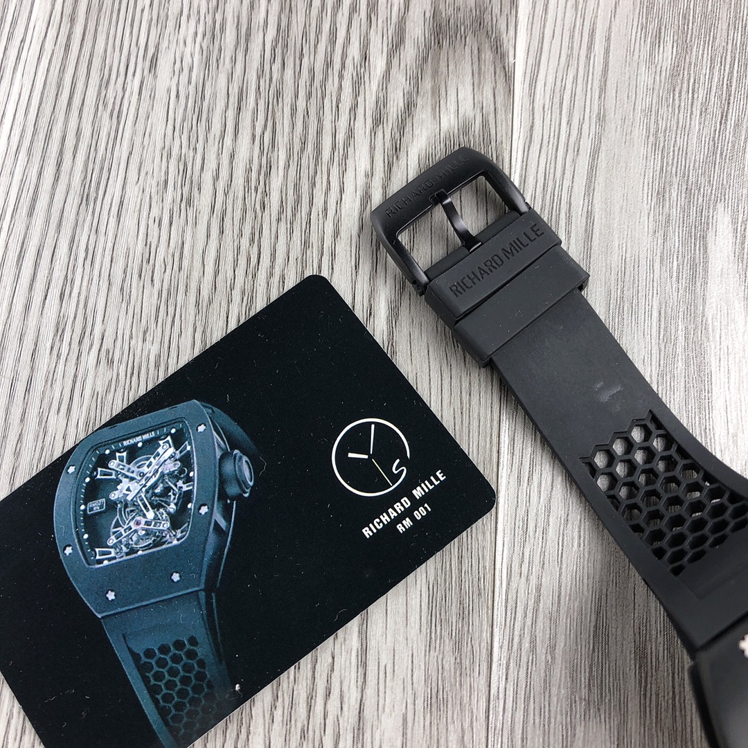 Replica Richard Mille RM 027 Tourbillon Watch Black Titanium Case Black Rubber Strap Buckle Clasp Detail View