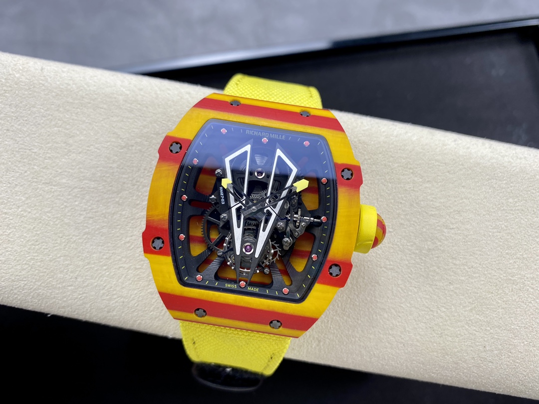 Richard Mille RM27-03 Rafael Nadal Tourbillon Carbon Fiber Yellow Red Case Full Watch Display Front View