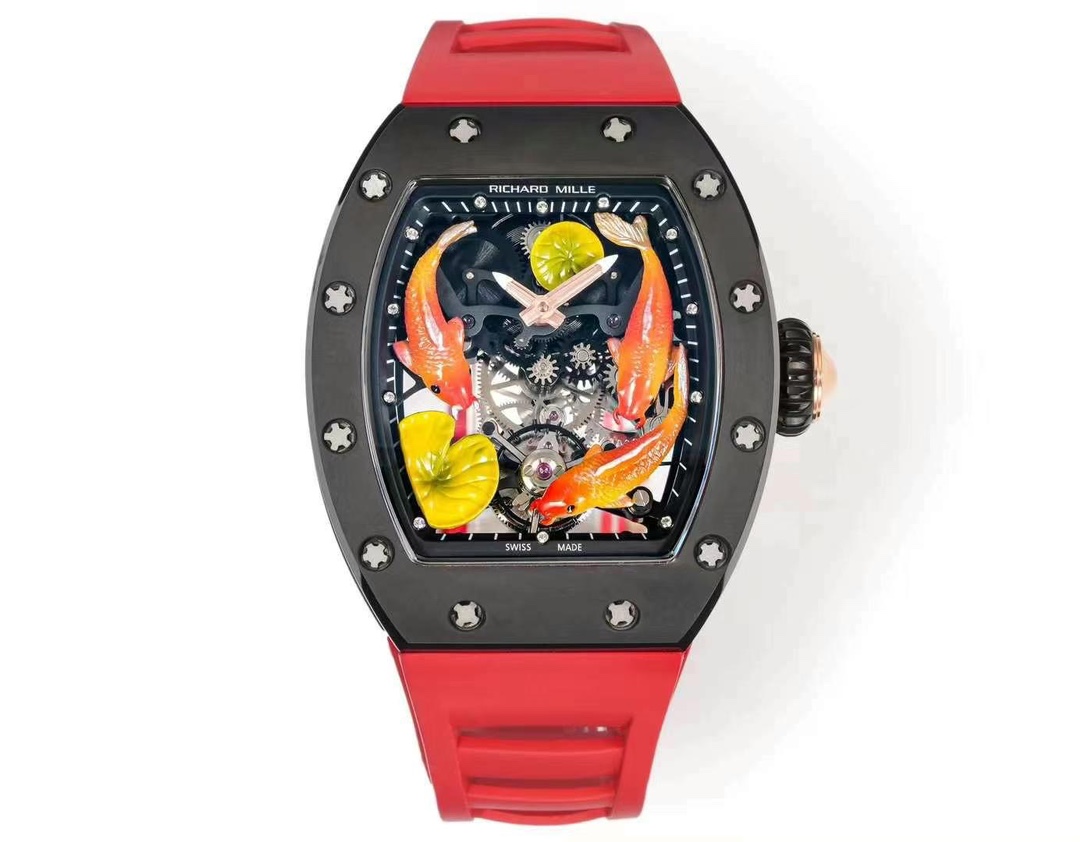 Richard Mille RM S10 Koi Tourbillon Black Case Red Strap Full Watch Studio Front View