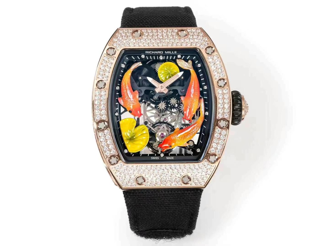Richard Mille RM S10 Koi Tourbillon Rose Gold Diamond Case Black Nylon Strap Full Front Studio Shot