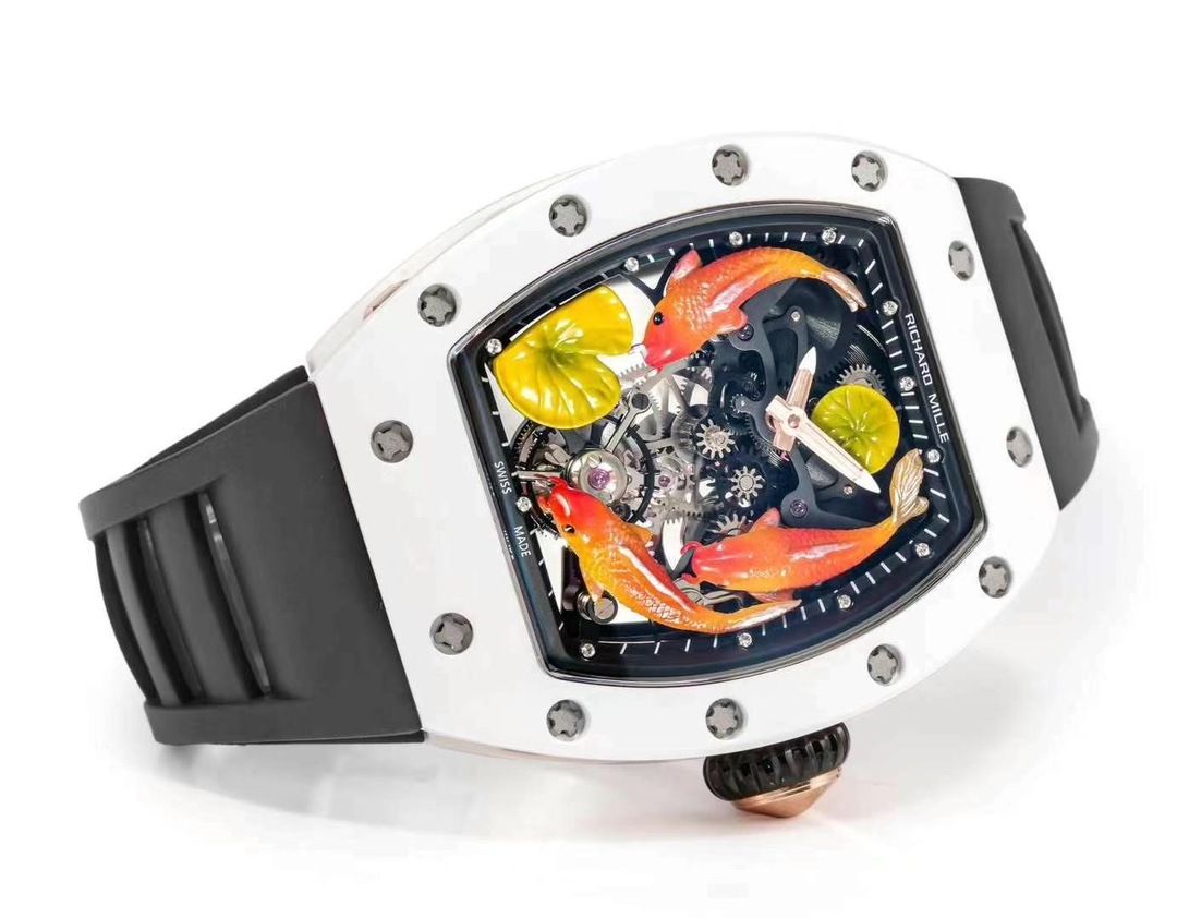 Richard Mille RM S10 Koi Tourbillon Black Rubber Strap White Ceramic Case Horizontal Dial View