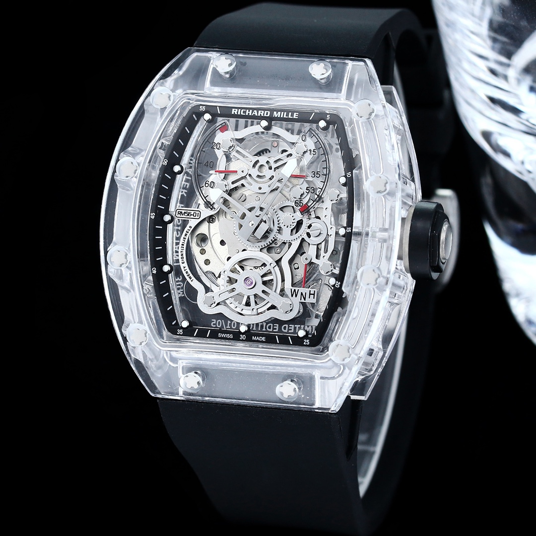 Richard Mille RM56 Collection RM56-01 Transparent Case with Black Strap Angled Front View