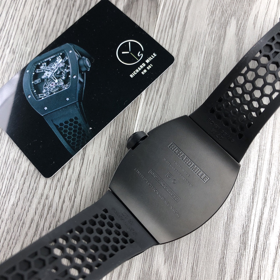 Replica Richard Mille RM 027 Tourbillon Watch Black Titanium Case Black Rubber Strap Caseback Detail View