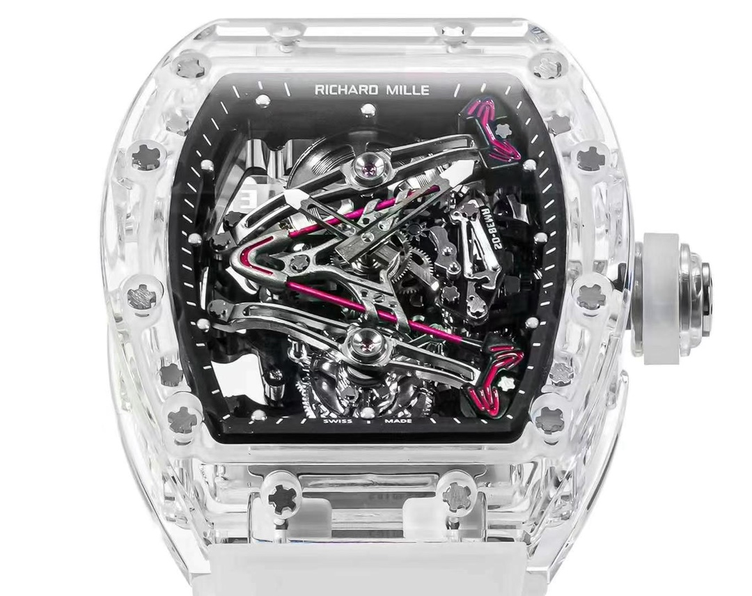 Richard Mille RM 38-02 Crystal Pink Skeleton Tourbillon Watch Front View Transparent Case Mechanical Movement Display