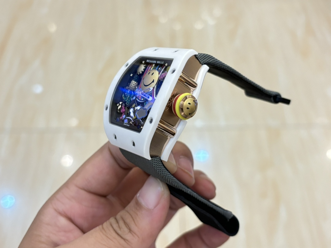 Richard Mille RM Series RM088 white case black strap smiley tourbillon watch handheld side view