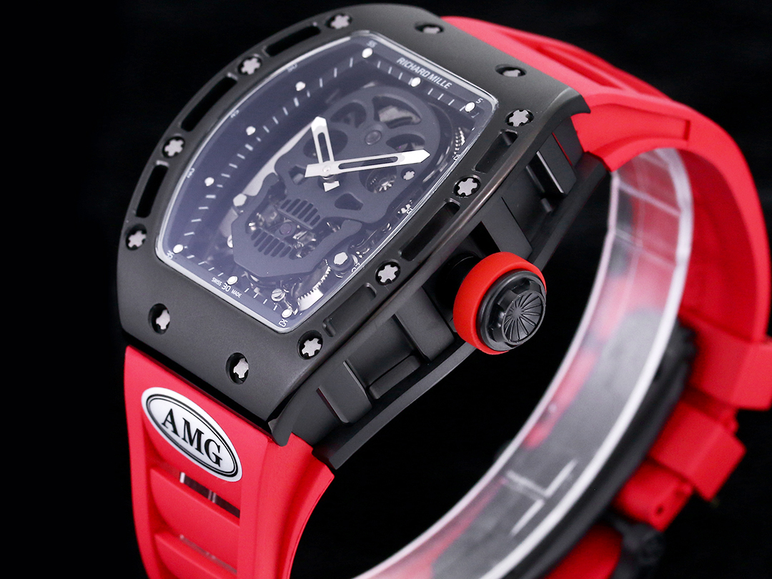 Richard Mille RM052 Titanium Skeleton Tourbillon Black Case Red Rubber Strap Black Skull Dial Side Angle View