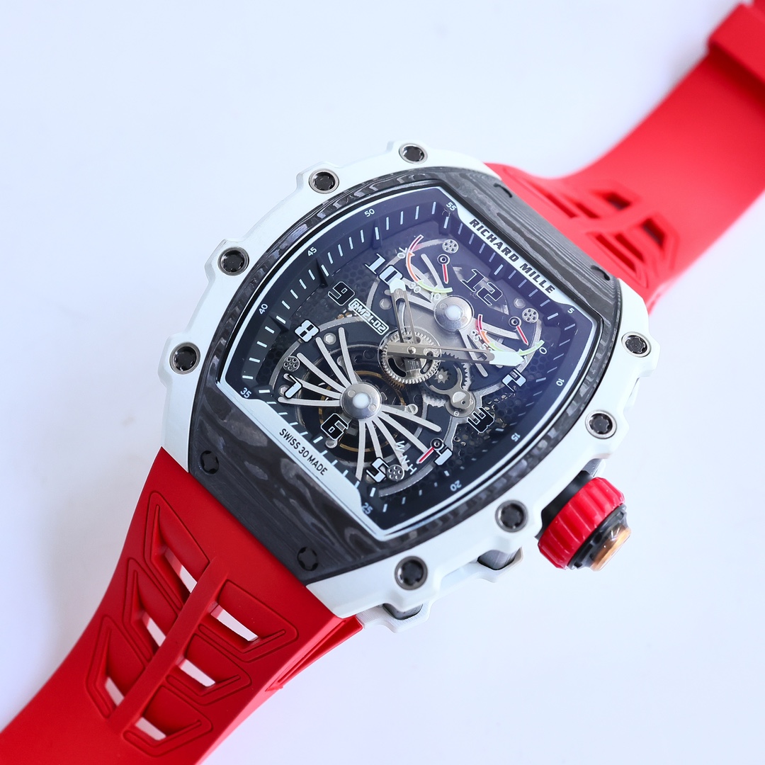 Richard Mille RM21-02 Tourbillon Aerodyne White Case Black Skeleton Dial Red Rubber Strap Side Angle View
