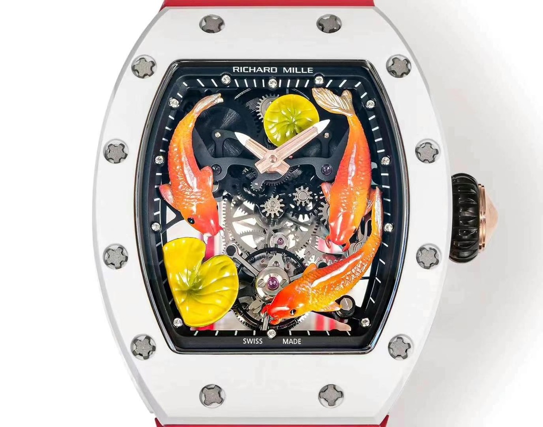 Richard Mille RM S10 Koi Tourbillon Red Rubber Strap White Ceramic Case Dial Close Up View