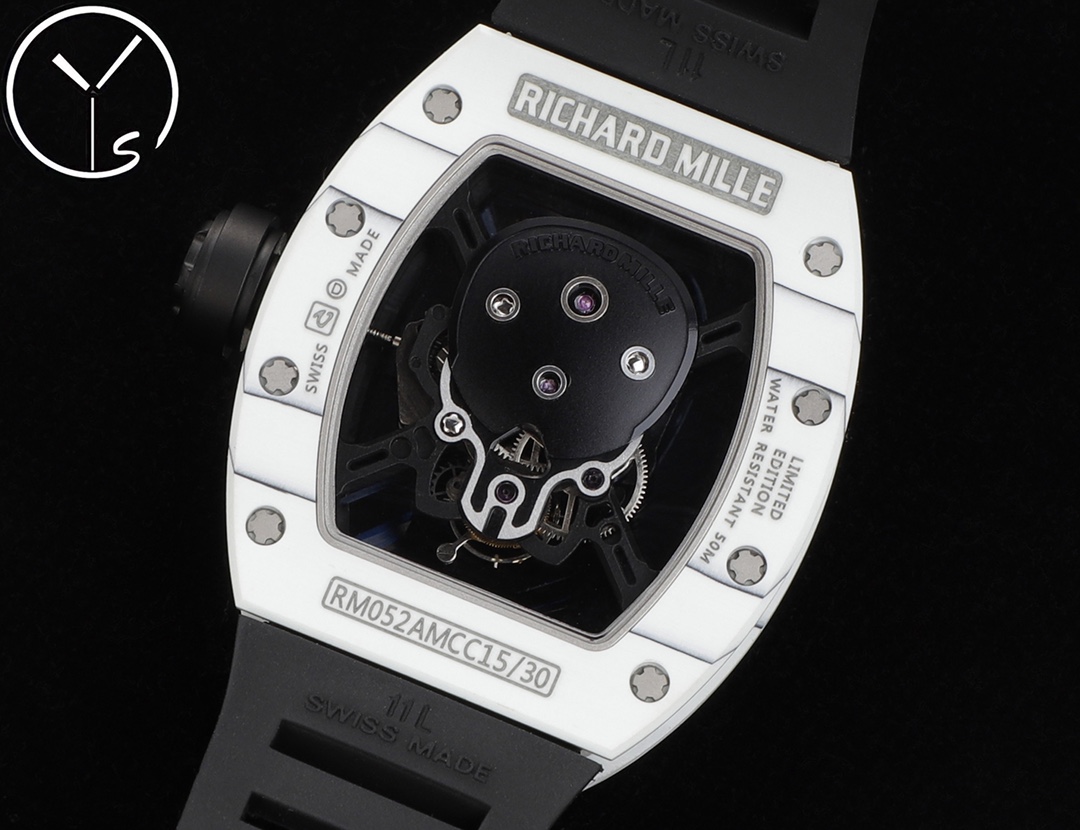 Richard Mille RM 052 Skull White Ceramic Case Black Rubber Strap Skeleton Movement Caseback Detail View