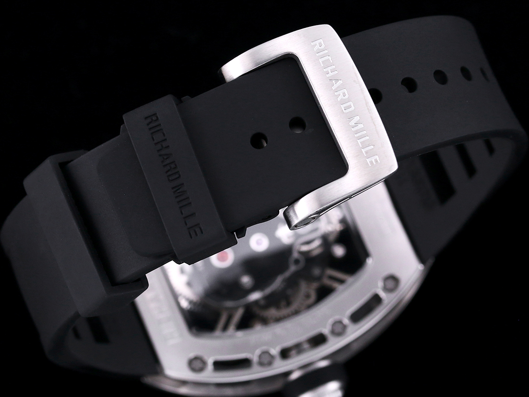 Richard Mille RM052 Tourbillon 43mm Silver Skeleton Dial Black Rubber Strap Buckle Detail View