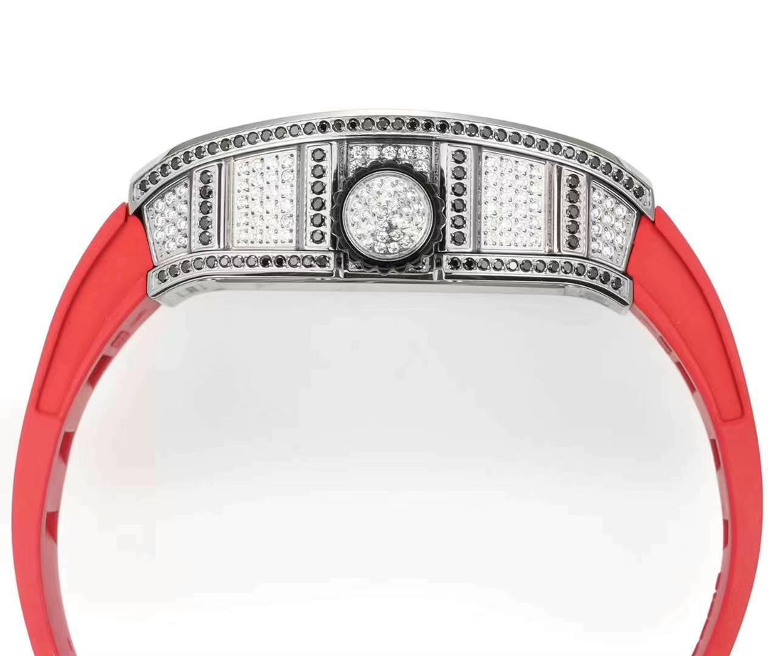 Richard Mille RM S10 Koi Fish Tourbillon Diamond Case Red Strap Luxury Watch Crown Side Detail View