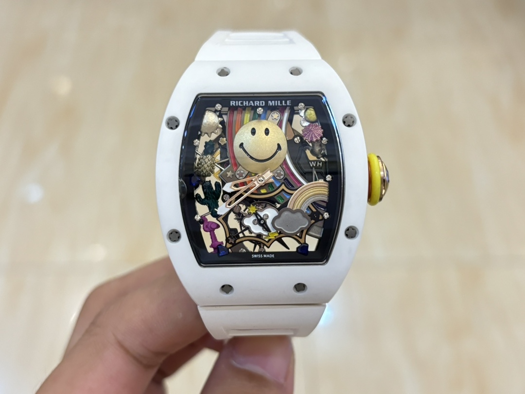 Richard Mille RM88 Smiley Tourbillon White Ceramic Case White Rubber Strap Front View Handheld