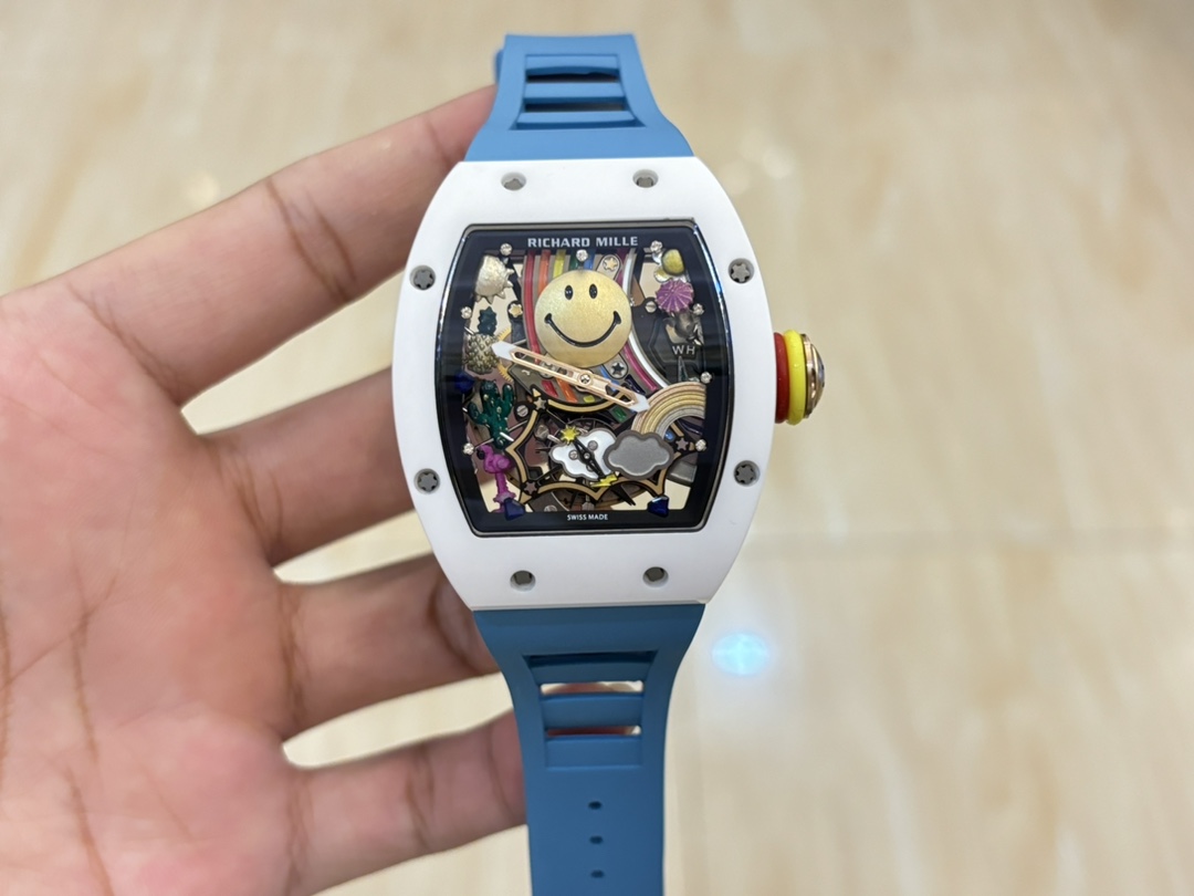 Richard Mille RM88 Smiley Tourbillon White Ceramic Blue Rubber Strap Full Watch Display