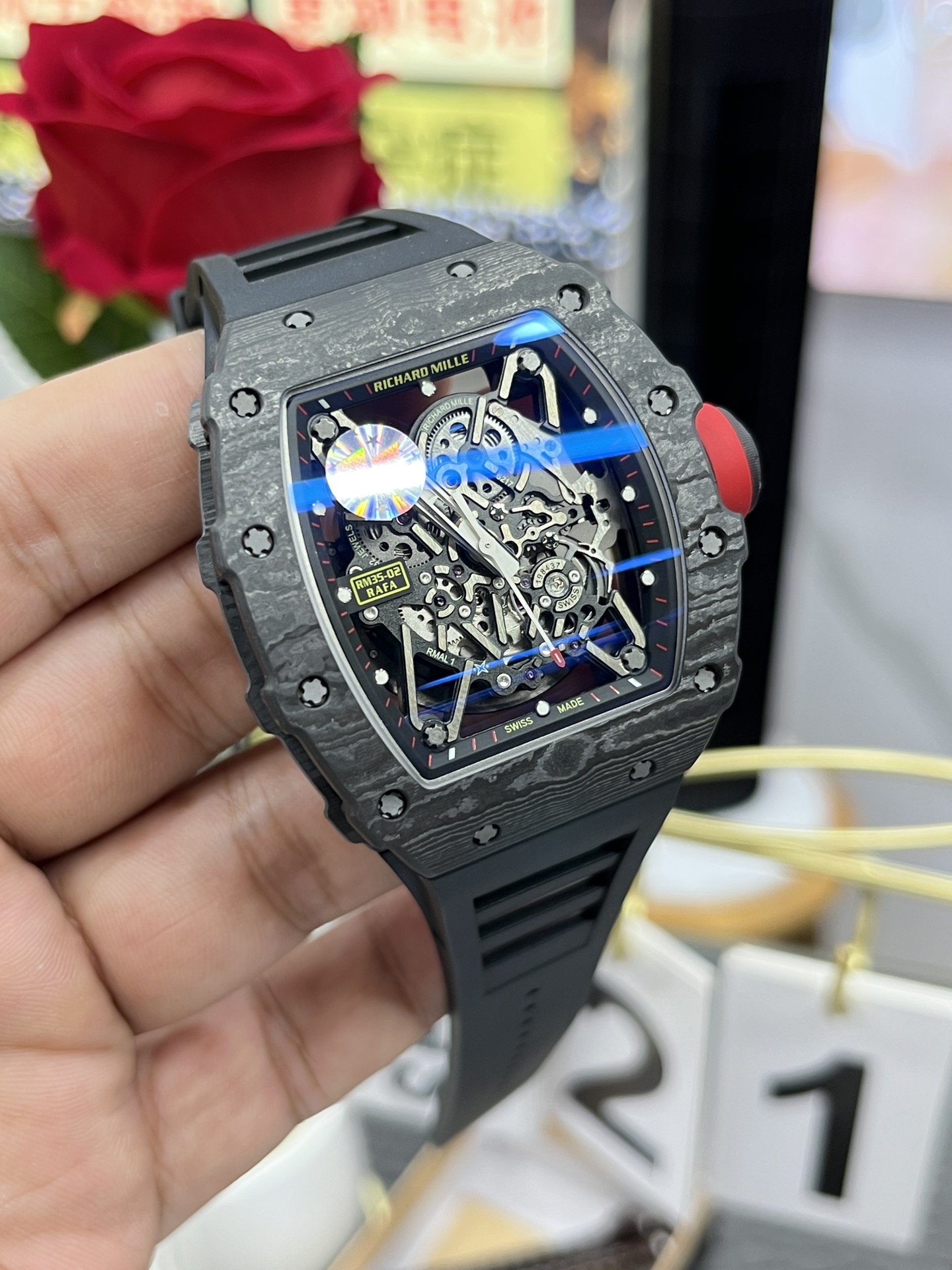 Richard Mille RM35-02 Carbon Fiber Skeleton Dial Black Rubber Strap Side Angle Detail