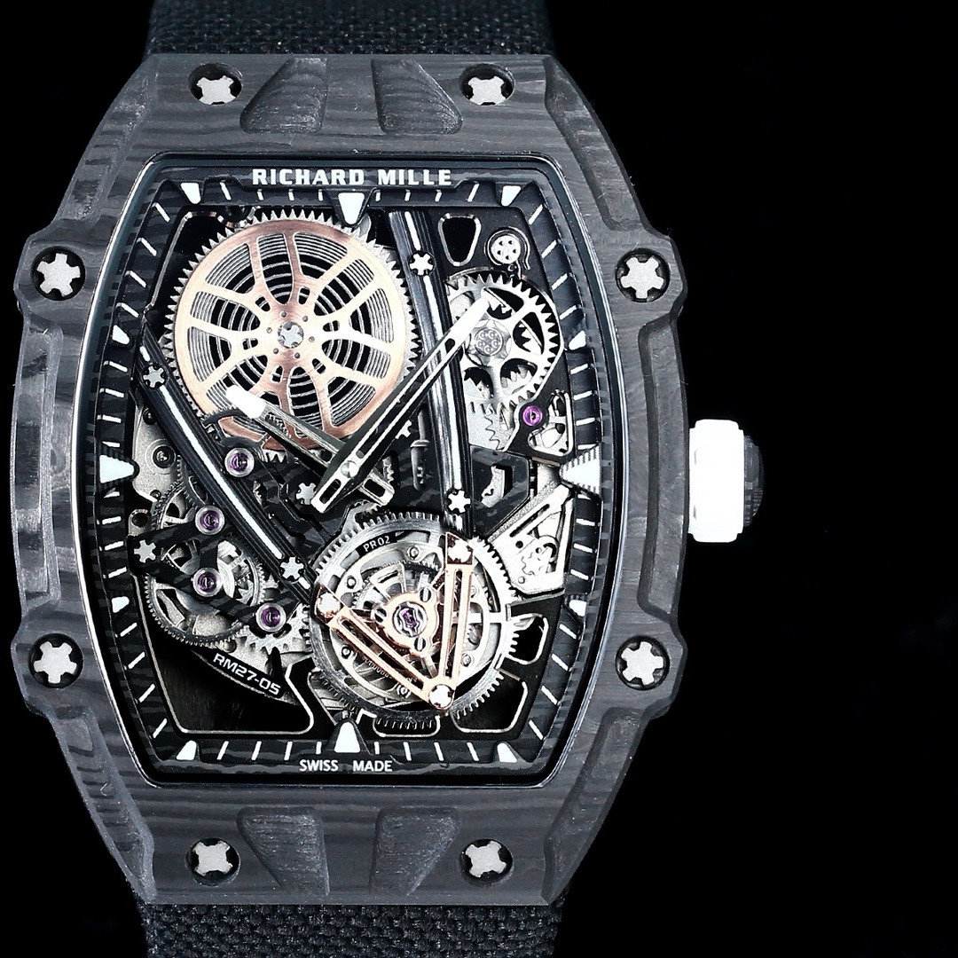 Richard Mille RM Series RM27-05 black carbon fiber skeleton flying tourbillon mechanical watch black strap front view