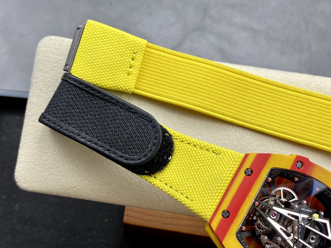 Richard Mille RM27-03 red yellow carbon fiber case yellow strap tourbillon watch strap detail view