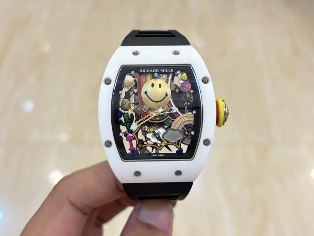 Richard Mille RM88 Smiley V2 White Ceramic Black Rubber Strap Skeleton Dial Front Detail